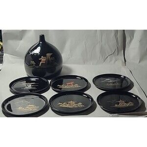 VINTAGE Set of 6 Black LACQUERWARE Coasters in CASE OKINAWA JAPANESE
